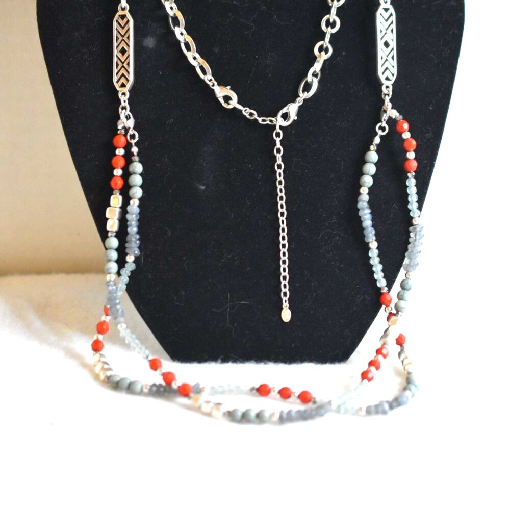 Premier Designs Fast Foward Silver Tone Layers Red/Gray Beads 30"-34" Necklace